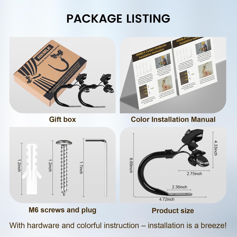 HIKMLK Piano Black Leaf Curtain Tiebacks - Piano-Lacquer Aluminum Holdbacks