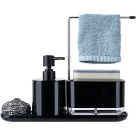 TOTSUN Sink Organiser, Kitchen Dishwashing Liquid Dispenser Set, Soap Dispenser Set, 3 in 1 Soap Dispenser Kitchen Sponge Holder, Sink Organiser for Kitchen Sink Black