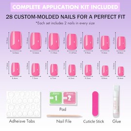 SXVME Uñas postizas acrílicas naturales con pegamento para mujer, uñas postizas de gel suave y brillante, uñas postizas reutilizables, 28 unidades, co
