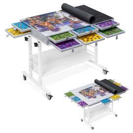 Tektalk 2000 Piece Foldable Felt Jigsaw Puzzle Board with Height Adjustment, Puzzle Table with 2 Felt Cover & 8 Sorting Trays/Drawers, Easel with Legs, Enclosed with 4 Roller Wheels (Light Gray)