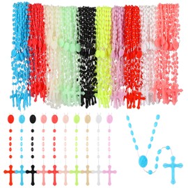 Meooeck 100 Pack Cross Necklaces Bulk Rosary Beads for Kids Church Welcome Gifts Present Plastic Cross Rosary Necklace Prayer Crossed Beads for Religious Homeless Classroom Gift Party Favor, 13 Inch