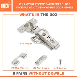 TOUCH Cabinet Hinges (5 Pairs, 10 PCS) Face Frame Cupboard Door Soft Close Hinges Full Overlay Concealed European Clip-On Hinges for Kitchen Cabinet 3-Way Adjustable with Screws