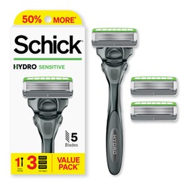 Schick Schick Hydro Sensitive Razor, 1 Razor Handle and 3 Cartridges | Razors for Men Sensitive Skin, 5 Blade Razor Men, Mens Razors for Shaving, Razor Blades for Men, 1 Handle with 3 Razor Blades Refills