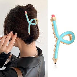 HIFANMM Pencil Hair Clip for Girls Back to School Hair Claw Clips, Blue Pen Hair Clips Students Teachers Non Slip Hairpins for Thick Thin Hair Metal Alloy Hair Accessories School Opens Season Decor