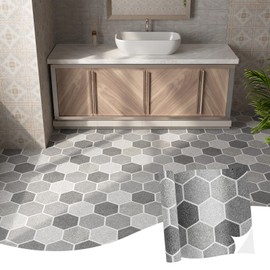 Oxdigi Vinyl Flooring Roll 19 sq.ft | 24" W x 118" L, Hexagonal Marble Peel and Stick Floor Tiles Waterproof for Bathroom, Kitchen, RV, Easy to Install Heavy-Duty Vinyl Floor Covering, Grayscale Tile