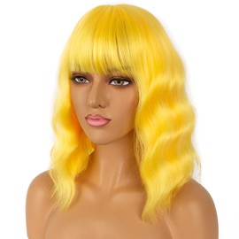 LANCAINI Short Bob Wigs with Bangs for Women Loose Wavy Wig Curly Wavy Shoulder Length Bob Synthetic Cosplay Wig for Girl Colorful Costume Wigs (Yellow-2)