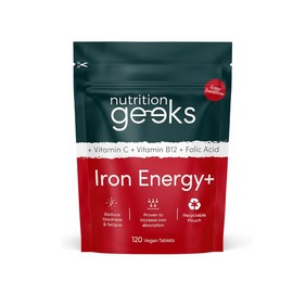 Nutrition Geeks Iron Tablets High Strength - Energy Tablets with Vitamin C, B12 & Folic Acid - 120 Vegan Tablets