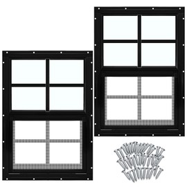 Tandefio 2 Pack 14'' x 21'' Black Shed Window with Frame, Flush Mount with Tempered Glass and Screen Household Sliding Windows with Vertical Slider and Screws for Chicken Coop Sheds Barns