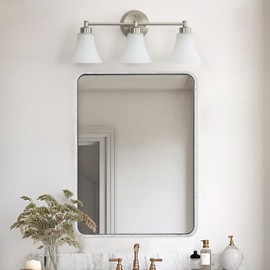 LOUSACE 3 Light Bathroom Vanity Light Vintage Brushed Nickel Bathroom Lighting Fixtures Over Mirror, Traditional Wall Sconce Lighting with Opal Glass Shade, Nickel Vanity Lighting Fixture