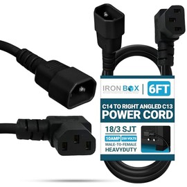 IronBox Electric C14 to Right Angled C13 Power Cords - 10A, 250V, 18/3 SJT - Heavy Duty Extension Cord - UL Listed Flat Plug and Connector Cable for Computer, PDU, Data Centers and More (6ft, Molded)