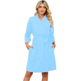 Yoolfine - Albornoz tipo kimono para mujer, 100% algodón, corto, ligero, para mujer, ropa de dormir suave, ropa de dormir para mujer, S-3XL, Azul-cielo, Small
