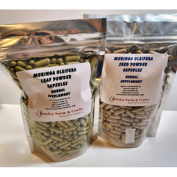 Paisley Farm and Crafts Moringa Leaf Powder Capsules & Moringa Seed Powder Capsules - Value Pack - Made Fresh On Demand! (500 Each)