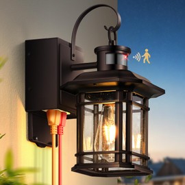 OPAXIS Porch Light with GFCI Outlet, Dusk to Dawn Motion Sensor Outdoor Light Fixture with Outlet, Bronze Anti-Rust Outdoor Wall Lights, Waterproof Outside Sconce Lights for House Garden Patio Garage