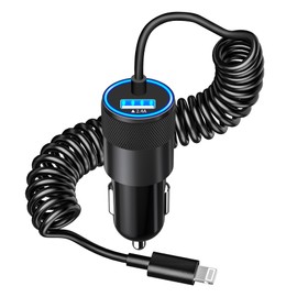 Caiinei MFi CertifiediPhone Fast Car Charger, Caiinei 4.8A Dual USB Power Car Charger Fast Charging Cigarette Lighter Adapter+6FT Coiled Lightning Cable for iPhone 14 13 12 11 Pro/XS Max/Mini/XR/X/8/SE/iPad