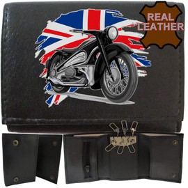 Biker Classic Vintage Motorbike Motorcycle UK GB Flag Mens Key Wallet Gift Box KLASSEK Brand Real Black Leather 6 Clips with Zip Pocket
