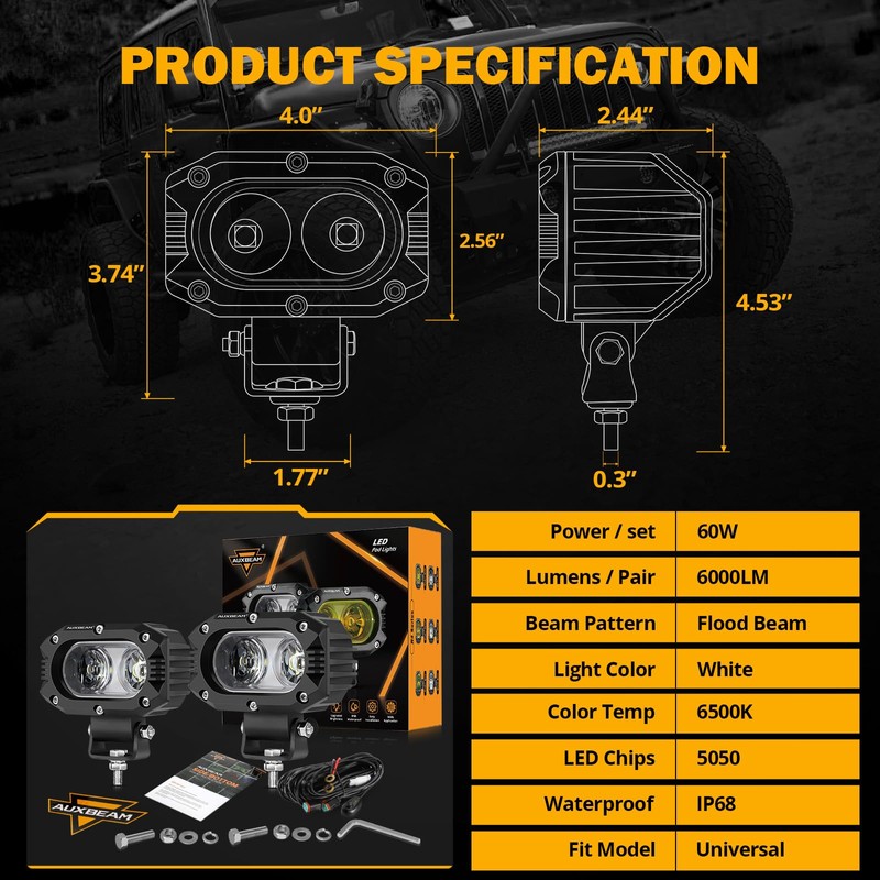 Auxbeam 4 Inch LED Light Pods, 60W Square Offroad Driving