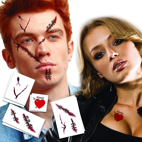 Chucky Doll & Bride of Chucky Temporary Tattoos | Couples Pack | Halloween Costume Tattoo Kit | Pack of 2 Hearts & Scars | Skin-Safe | MADE IN USA | Removable