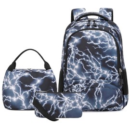 Backpack for Boys Middle Elementary Set for Kids Bookbag Lightning Laptop School Bags Waterproof With Lunch Box Bag (2-Black)