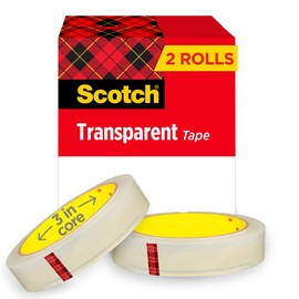 Scotch Brand Transparent Tape, Clear Tape Engineered for Office and Home Use, 3/4 x 2592 Inches, 3 Inch Core, 2 Rolls