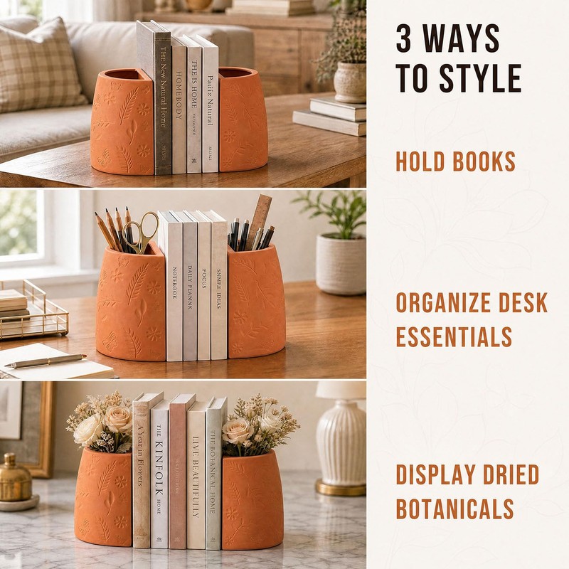 Terracotta Decorative Bookends, 2-Piece Flower Pot Book Ends for Shelves
