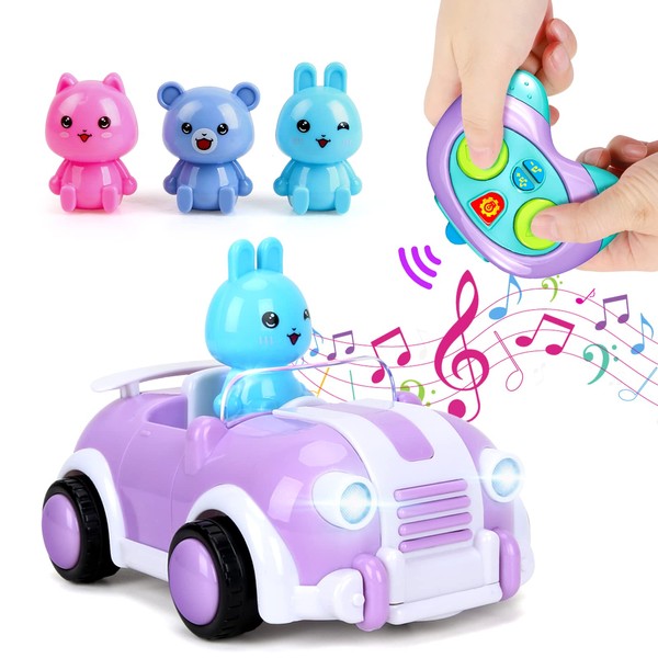 kramow Girls Toys for 2 Year Old, Remote Control Car Toys for Kids, RC Car 3 Dolls, Music and Lights, Birthday Gifts Baby Toys for Girls Kids Boys, Purple