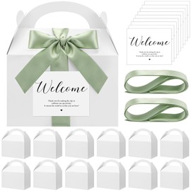Maitys 24 Set Large Gable Boxes with Handles Ribbon Label for Party Favors 9x6x6 Inch White Welcome Treat Box for Wedding Hotel Guests Gift Packing(Sage Green)