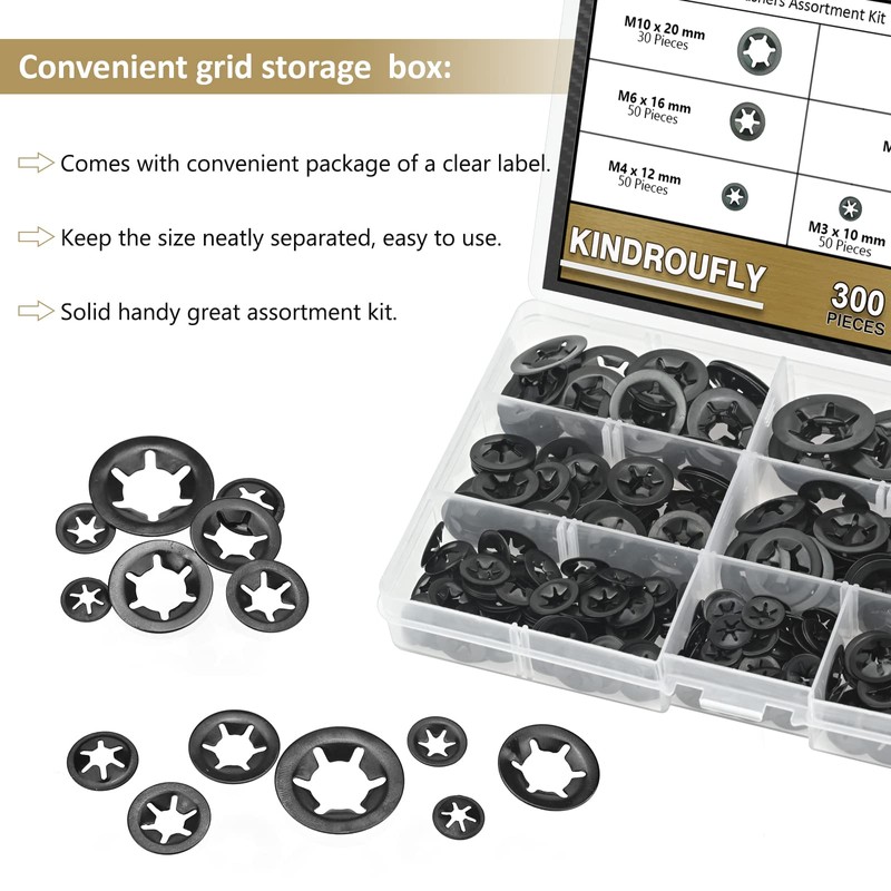 300 Pieces Internal Tooth Star Lock Washers, Kindroufly 7 Sizes