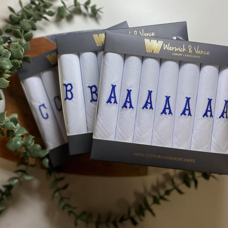 Pack of 7 White Satin Handkerchiefs with Blue Embroidered Initials,
