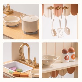 ROBUD Wooden Play Kitchen Set for Kids, Pretend Play Kitchen Toy Set with Golden Faucet, Sink, Oven, Stove, Cabinet, Vintage Style, Gift for Boys & Girls, Ages 3+