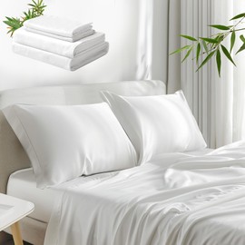 Yawfold Cooling Sheets King Size with Elastic Corner Straps, Breathable Silky Soft Sheets 4 Pcs Set, 100% Viscose Dereived from Bamboo - Oeko-Tex Certified - 16 Inch Pockets