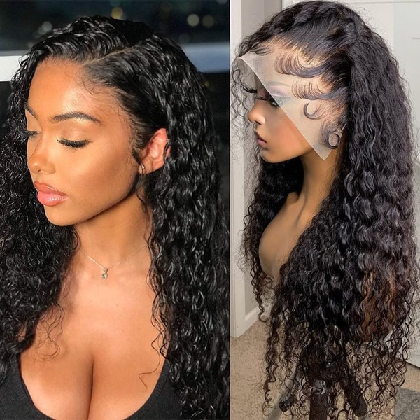 180 Density 13x4 HD Lace Front Wigs Human Hair Pre Plucked with Baby Hair Transparent Glueless Brazilian Deep Wave Frontal Wigs for Black Women Natural Black Color22 inch