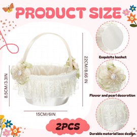 AceOrbit 2 Pcs Wedding Flower Girl Baskets with Handle White Lace Satin Elegant Storage Flower Girl Baskets for Wedding Bride Ceremony Party Accessories