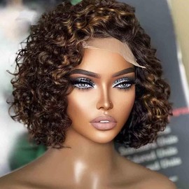 Short Bob Curly Human Hair Highlight Wigs Pre Plucked 13X6 HD Lace Front Wigs Brazilian Hair Pixie Cut Curly Deep Parting Wigs For Black Woman 150% Density #1B/27 Short Deep Wave Wig 10Inch