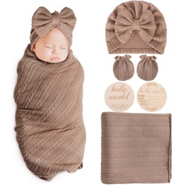 AQOKKA Swaddle for Newborn Baby Receiving Blankets Girl with Bow Hat Mittens Card Set Wheat-Pattern Baby Swaddles for Toddler