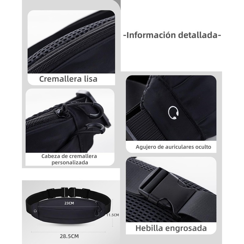 Cangurera Riñonera Deportiva para Correr Hombre Mujer, Negro