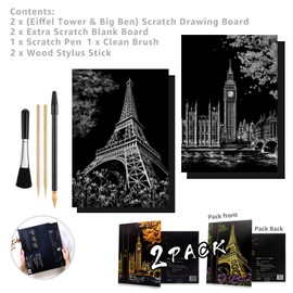 MUGIT 2 Pack Scratch Art Rainbow Painting Paper, Sketch Pad DIY Night View Scratchboard for Kids & Adults, Engraving Art & Craft Set, Painting Creative Gift, 16'' x 11.2'' (Eiffel Tower/Big Ben)