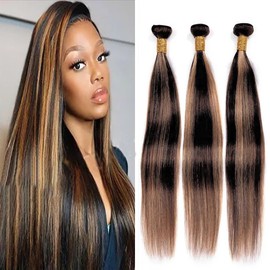 Ombre Bundles Highlight Brown Human Hair Bundles FB30 Light Brown Straight Bundles 22 24 26 Inch P1B/30 Color Two Tone Black Mixed With Light Brown Bundles Human Hair Extensions