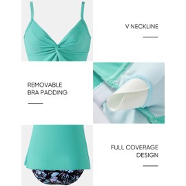 SUUKSESS Women's Tummy Control Tankini Halter Swimsuits Push Up Flowy Knot Front Bathing Suit 2 Piece Modest Swimwear(Aqua Blue Floral,XL)