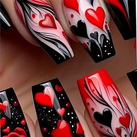 24Pcs Valentine's Day Press-On Nail Square False Nails with Heart & Rose Design Medium Ballet Fake Nails Full Cover Glossy Glue on Nails Acrylic Nails Black Stick on Nails for Women Nail Decoration