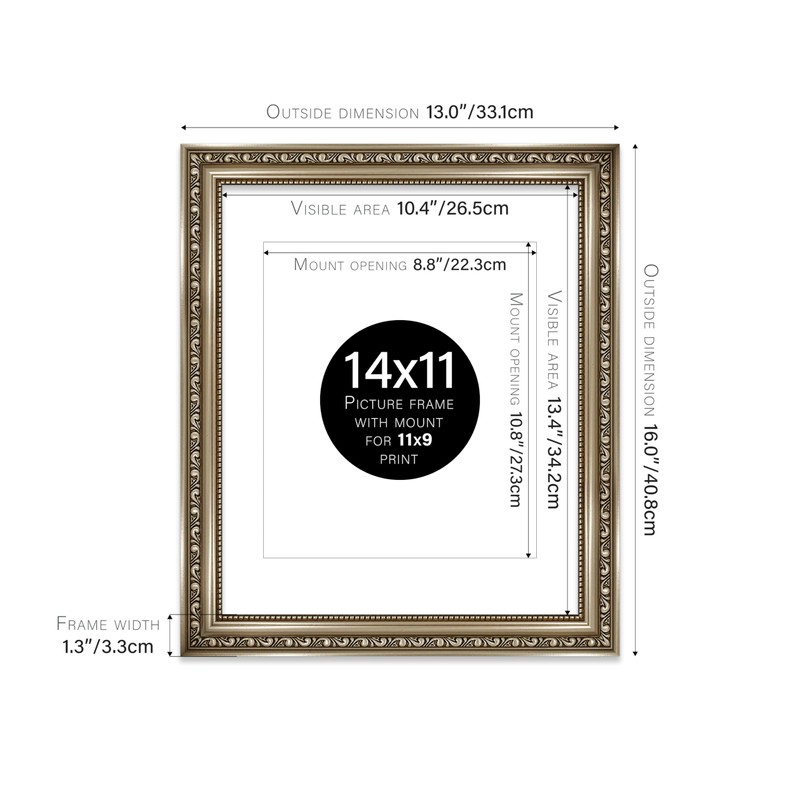 14x11 Gunmetal Ornate Photo Frame With White Mat For 11x9
