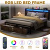 Kiivakii Queen Size Bed Frame, LED Storage Headboard with Charging