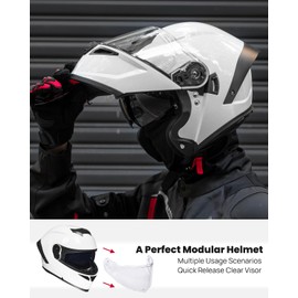 ILM Motorcycle Helmets Modular Full Face Moped Helmet Flip up Dual Visor for Adult DOT WS202 (White, Medium)