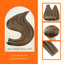 Full Shine Hair Extensions Tape in Human Hair 18 Inch 50 Gram Color 4 Medium Brown Highlight with 27 Honey Blonde Tape in Remy Natural Hair Extensions 20 Pcs Add Volume Hair Tape in Extensions