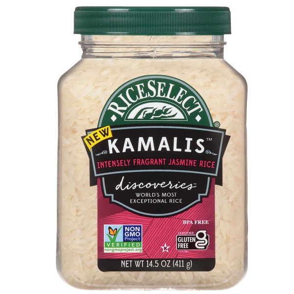 RiceSelect Discoveries Kamalis Arroz de jazmín intensamente fragante, sin gluten, sin OMG, vegano, tarro de 14 onzas