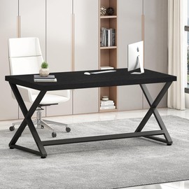 IBF Black Computer Desk, Simple Work Desk for Home Office, Industrial Writing Study Desk in Bedroom, Modern Wood Metal Pc Gaming Laptop Workstation Executive Computer Table, Black Oak, 47 Inch