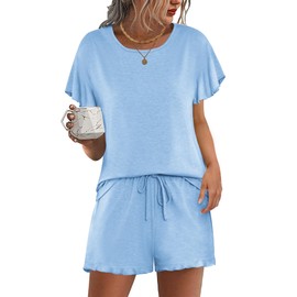 Ekouaer Women's Shorts Pajama Set Short Sleeve Pj Sets 2 Piece Casual Pjs Clear Blue Ruffle Tops and Shorts Sleepwear S
