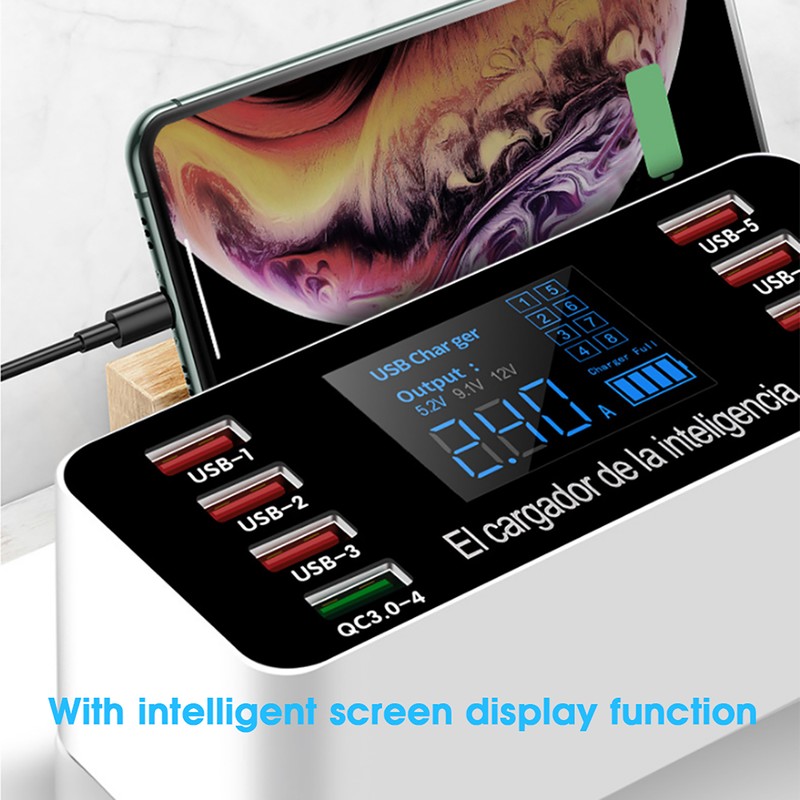 8-Ports Intelligent Charging Station LED Display Digital QC3.0 PD 60W