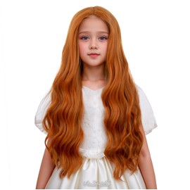 Edivd Children Ginger Orange Wig Long Dark Orange Wavy Curly Wig for Girls Kids Part Wigs Heat Resistant Synthetic Hair with Cap