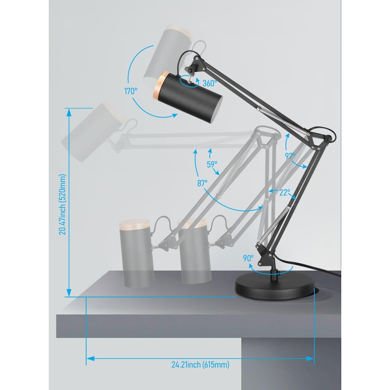 TORCHSTAR Tall Swing Arm Desk Lamp with Wooden Accent, Adjustable