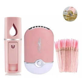 HAND MINI FAN Ventilador Y Nanomister + 50 Cepillos Extensiones Pestañas